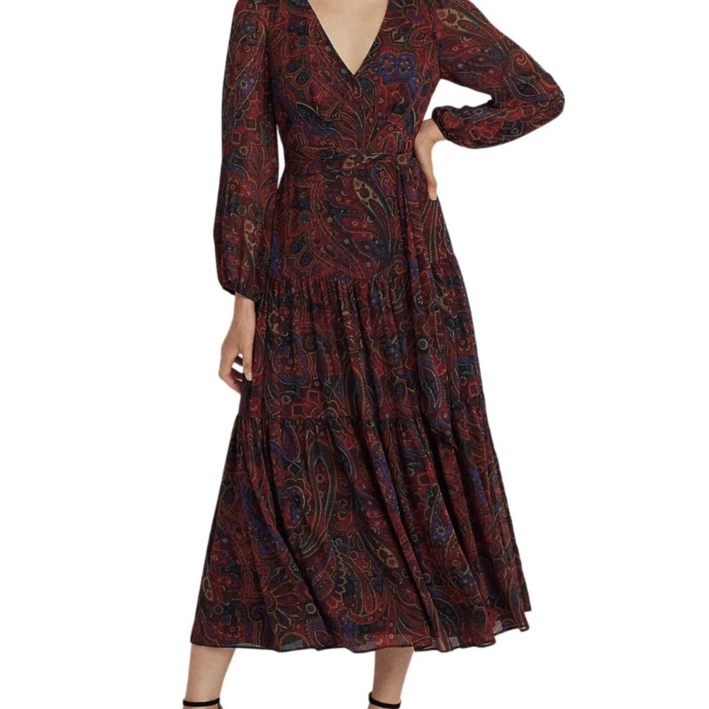 Ralph Lauren Dress Women's Checked Paisley Belted Georgette Dress $195 sz 16